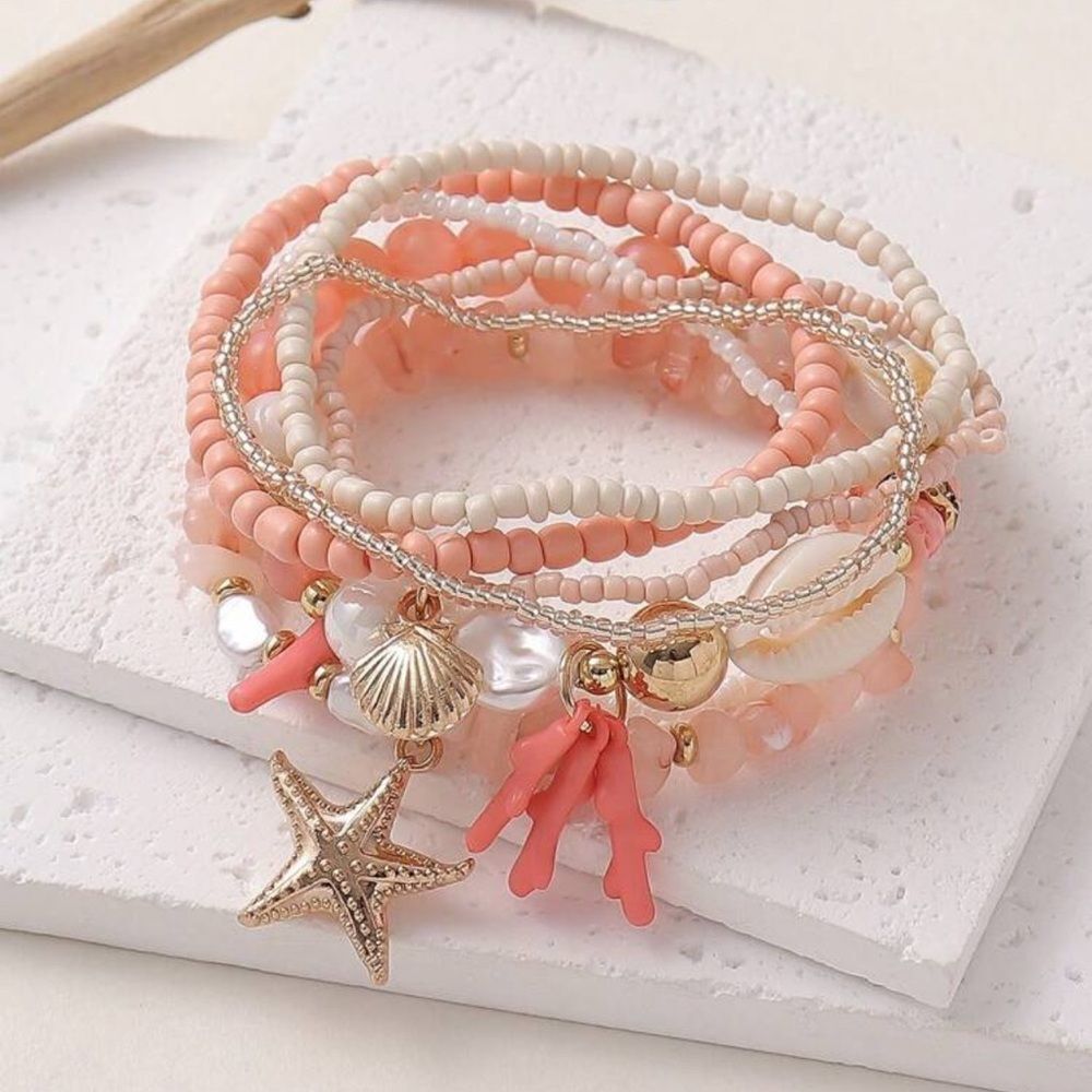 Coral and Gold Beaded Bracelet Set A1230